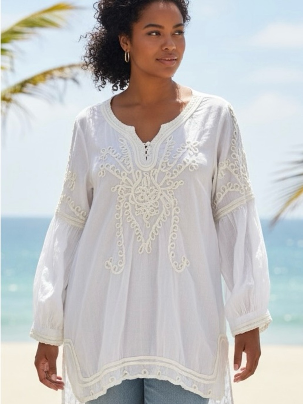 Soft Surroundings White Boho Peasant Resort Wear Tunic Blouse Large Cotton
